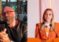 Left: bald man with red glasses wearing a black shirt, hands clasped; Right: woman in an orange blazer speaking at a two-mic podium.